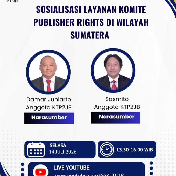 Komite Tanggung Jawab Perusahaan Platform Digital untuk Mendukung Jurnalisme Berkualitas (KTP2JB) menggelar dialog secara daring, pada Selasa13 Juli 2026, pukul 13.30 - 16.00 ialog ini untuk menyosialisasikan layanan fasilitasi
- Kerja Sama;
- Pelatihan jurnalisme berkualitas; dan
- Arbitrase dan alternatif penyelesaian sengketa
Antara perusahaan pers dengan perusahaan platform digital. Dialog kali ini, kami mengundang Perusahaan Pers di wilayah Sumatera