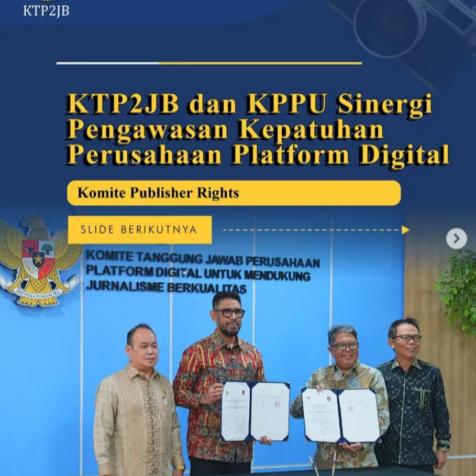 KTP2JB bersama Komisi Pengawas Persaingan Usaha (KPPU) resmi menandatangani Perjanjian Kerja Sama tentang sinergi pengawasan dan pelaksanaan tanggung jawab perusahaan platform digital