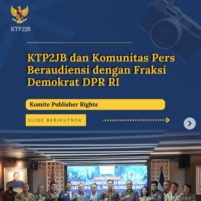 Dalam pertemuan ini, Ketua KTP2JB Suprapto bersama Anggota Komite Frans Surdiarsis, Sasmito, Herik Kurniawan dan Guntur Syahputra Saragih serta komunitas pers diterima oleh Ketua Fraksi Demokrat Dr. H. Edhie Baskoro Yudhoyono, B.Com., M.Sc., dan jajarannya

Dalam kesempatan ini komite menyampaikan beberapa hal, terkait keberatan atas Kesepakatan Dagang RI-AS Terkait Publisher Rights, penguatan kerja komite dan tugas serta fungsi komite dalam menjaga keberlanjutan ekosistem pers yang berkualitas.