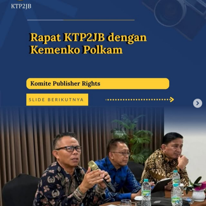 Ketua Komite Tanggung Jawab Perusahaan Platform Digital untuk Mendukung Jurnalisme Berkualitas, Dr. Suprapto memaparkan perkembangan pengawasan dan kepatuhan platform digital terhadap kewajiban Publisher Rights di Indonesia. Paparan disampaikan dalam pertemuan bersama Asisten Deputi Bidang Koordinasi Komunikasi dan Informasi Kemenko Polkam Brigjen Pol. Alpen, S.H., M.H