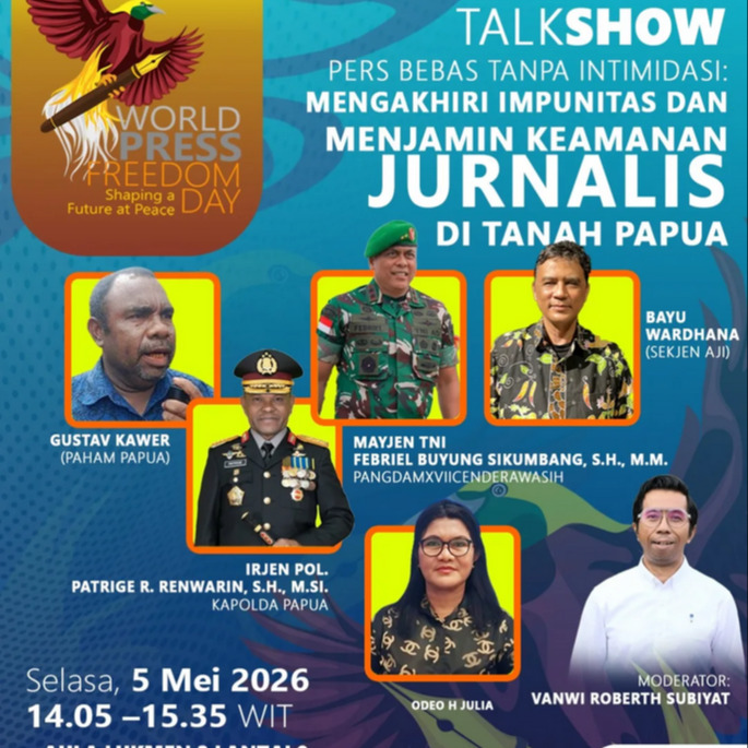 Kebebasan pers seperti oksigen bagi demokrasi. Karena itu, ia harus dirawat dan dijaga bersama.
Simak talkshow "Pers Bebas Tanpa Intimidasi: Mengakhiri Impunitas dan Menjamin Keamanan Jurnalis di Tanah Papua".
Mari menjadi bagian dalam memperjuangkan kebebasan pers di Tanah Papua.
