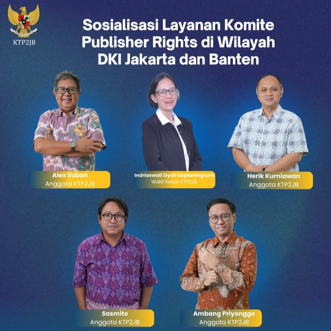 Komite Tanggung Jawab Perusahaan Platform Digital untuk Mendukung Jurnalisme Berkualitas (KTP2JB) hadir dalam Sosialisasi Layanan Komite Publisher Rights di Wilayah DKI Jakarta dan Banten.

Kegiatan dilaksanakan secara daring melalui Zoom dan YouTube untuk memperkenalkan layanan serta memberikan pemahaman mengenai Publisher Rights.