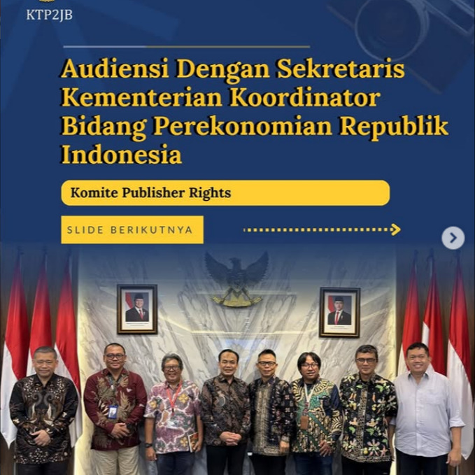 Pada Jumat (6/3/2026) KTP2JB Audiensi dengan Sekretaris Kemenko Perekonomian. Pertemuan ini membahas tugas KTP2JB sesuai Perpres No. 32 Tahun 2024 serta masukan terkait ketentuan dalam perjanjian dagang RI–AS yang dinilai berpotensi melemahkan dukungan platform digital terhadap jurnalisme berkualitas.