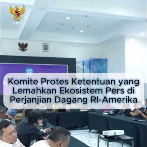 Pada 24 Februari 2026, Komite Tanggung Jawab Perusahaan Platform Digital untuk Mendukung Jurnalisme Berkualitas (KTP2JB) menggelar diskusi terkait protes terhadap ketentuan dalam perjanjian dagang RI-AS yang dinilai berpotensi melemahkan ekosistem pers nasional.