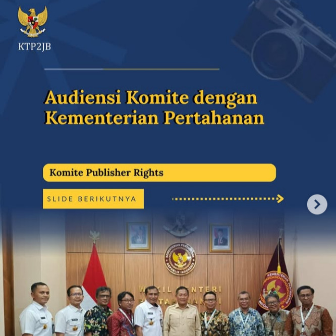 Komite Tanggung Jawab Perusahaan Platform Digital untuk Mendukung Jurnalisme Berkualitas (KTP2JB) bersama komunitas pers beraudiensi dengan Kementerian Pertahanan di Kantor Kemenhan RI di Jakarta pada 1 April 2026

Dalam pertemuan ini, Ketua KTP2JB Suprapto bersama Anggota Komite Frans Surdiarsis, Sasmito, Ambang Priyonggo dan Alexander Suban serta komunitas pers diwakili Sekjen AJI Bayu Wardhana diterima Wakil Menteri Pertahanan Donny Ermawan dan para deputi Menteri Pertahanan

Dalam kesempatan ini komite menyampaikan beberapa hal, terkait keberatan atas Kesepakatan Dagang RI-AS terkait Publisher Rights dan perlunya ketahanan digital antara lain perlunya keberlanjutan ekosistem perusahaan pers dan pemenuhan tanggung jawab perusahaan platform digital dalam mendukung jurnalisme berkualitas.