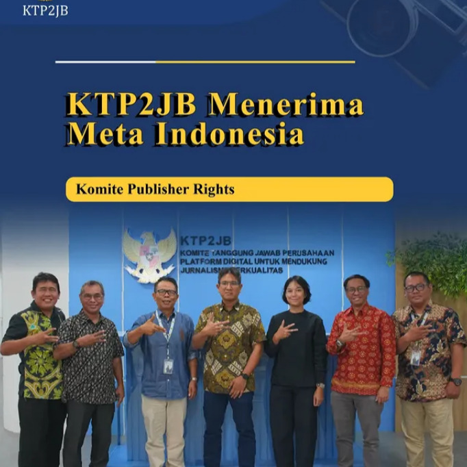 Pada Kamis 4 Juni 2026 KTP2JB menerima Tim Meta Indonesia di kantor KTP2JB di Gedung Dewan Pers, Jakarta Pusat.
Dalam kesempatan itu Kepala Kebijakan Publik Meta, Berni Moestafa dan Manajer Kebijakan Publik Meta, Nadhila Renaldi diterima oleh Ketua KTP2JB Suprapto Sastro Atmojo, Koordinator Bidang Kerja Sama KTP2JB Damar Juniarto dan Guntur Syahputra Saragih, Koordinator Bidang Pengawasan, Arbitrase, dan Alternatif Penyelesaian Sengketa KTP2JB Ambang Priyonggo, dan Koordinator Bidang Pelatihan dan Program Jurnalisme Berkualitas Frans Surdiasis
Pertemuan ini membahas berbagai program Meta Indonesia dalam upaya mendukung jurnalisme berkualitas sesuai Perpres Nomor 32 tahun 2024